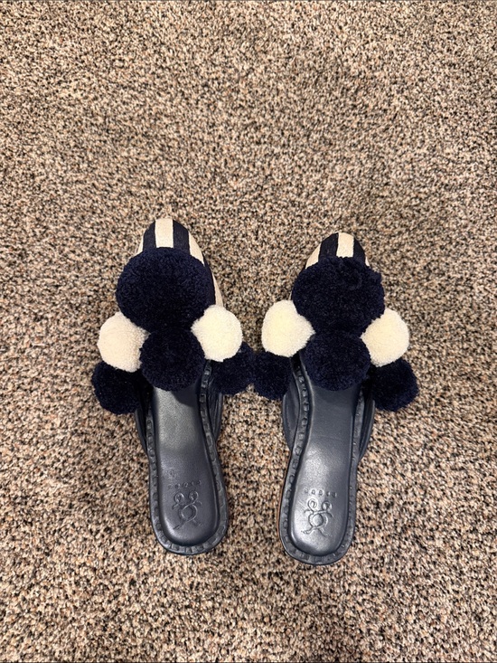 Figue Shoes - Pom-Pom Slide Mules in Navy and Cream